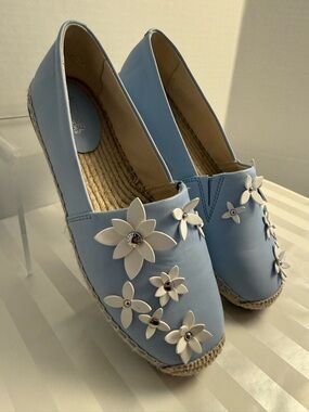 Michael Kors Lola Espadrilles Blue Leather Floral Slip On Size 36 NWOT